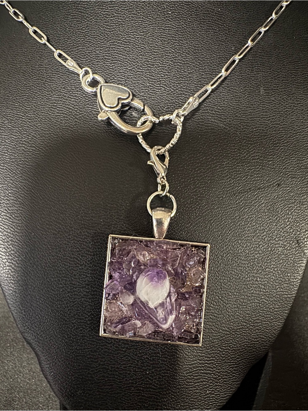 Handcrafted Silver Amethyst Crystal Square Pendant Necklace